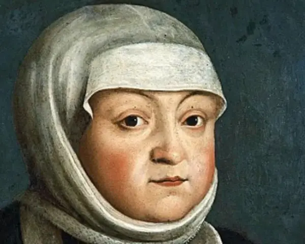 Portret Bony Sforzy w białym nakryciu głowy i ciemnym stroju na granatowym tle.
