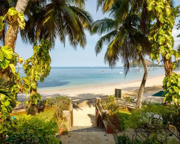 Rajska plaża na Madagaskarze, idealna na wakacje. Piękna pogoda roczna sprzyja relaksowi pod palmami.