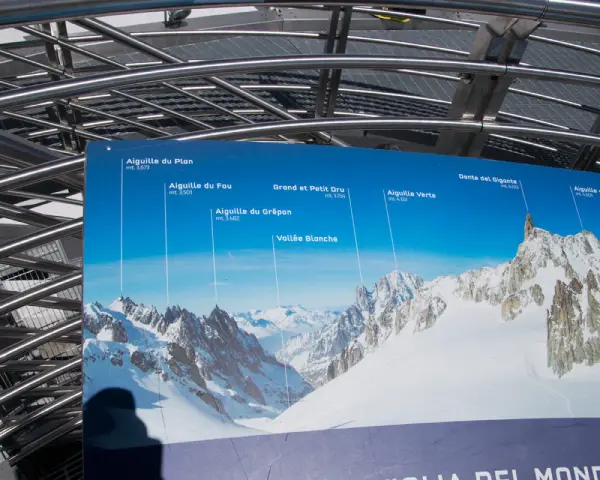 Widok na Alpy z tablicy informacyjnej, która identyfikuje szczyty takie jak Dente del Gigante. To część podróży Skyway Monte Bianco.