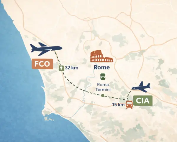 Mapa Rzymu: lotnisko Fiumicino (FCO) 32 km od centrum, lotnisko Ciampino (CIA) 15 km od dworca Roma Termini.