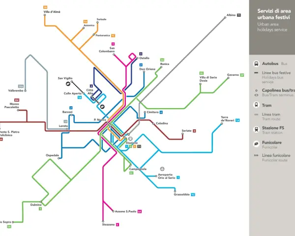 Mapa komunikacji miejskiej Bergamo: linie autobusowe, tramwajowe i kolejki.