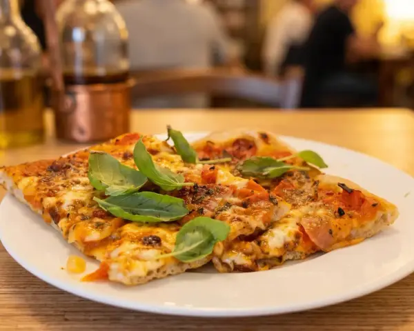 Pyszna pizza na talerzu, idealna odpowiedź na pytanie: gdzie zjeść w Rzymie. W tle butelki z oliwą i widok na restaurację.