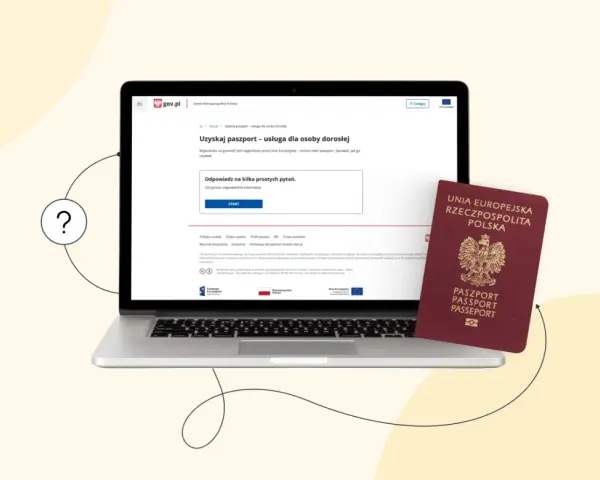 Czy mozna wyrobic paszport online? Na laptopie widzimy stronę gov.pl z informacją o uzyskaniu paszportu. Obok leży polski paszport.