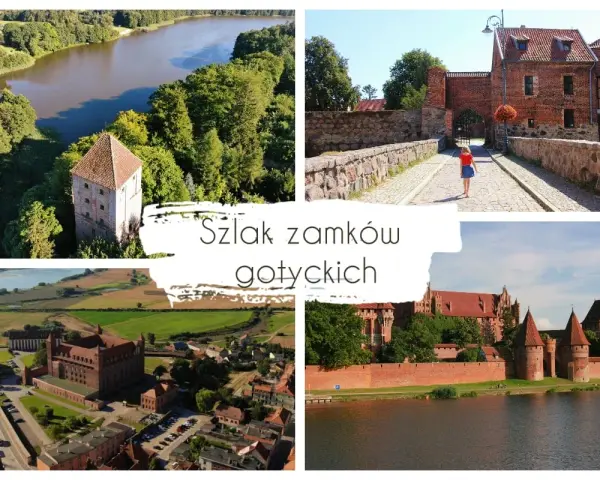 Kolaż zdjęć przedstawiający zamki i wieże obronne w otoczeniu przyrody i miasteczek.