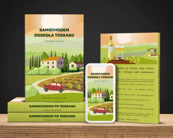 Ilustracja przedstawia stos książek i telefon z grafiką Toskanii, winnic i czerwonego samochodu.
