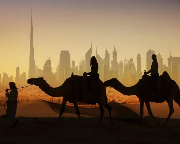 Karawana wielbłądów na tle Dubaju, miasta na kontynencie azjatyckim.