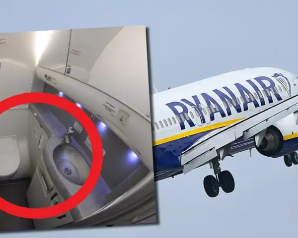 Pierwszy lot samolotem Ryanair. Wnętrze toalety i samolot w locie.