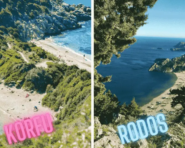 Dwie greckie wyspy: Korfu z piaszczystą plażą i Rodos z zatoką otoczoną wzgórzami.