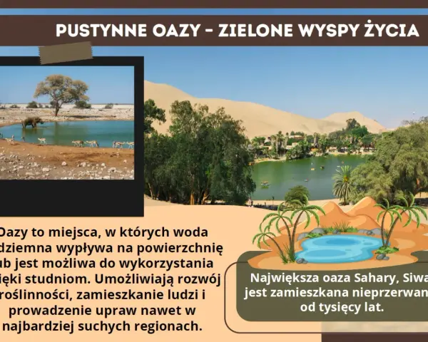 Oazy, zielone wyspy życia na pustyniach świata, oferują wodę i schronienie. Na zdjęciu widać zwierzęta pijące wodę i bujną roślinność.