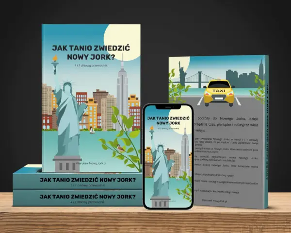 Przewodnik "Jak tanio zwiedzić Nowy Jork?" z ikonami Statuy Wolności i Empire State Building. Odkryj najlepsze atrakcje Nowego Jorku!