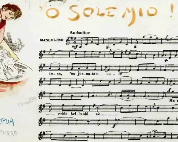 Ilustracja kobiety piorącej przy misce obok nut piosenki "O Sole Mio".