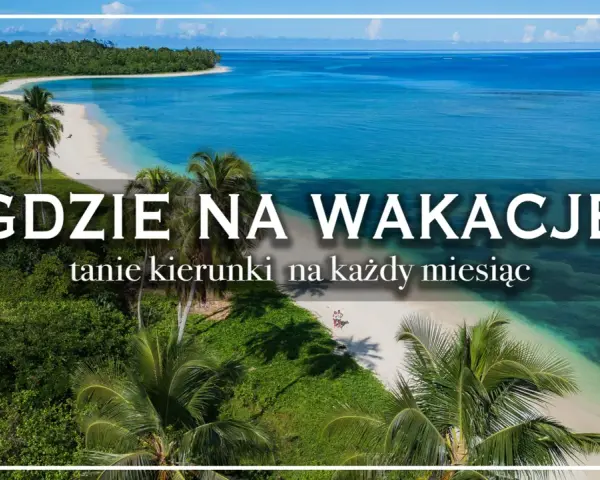 Tropikalna plaża z palmami i turkusową wodą, z napisem "Gdzie na wakacje".