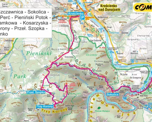 Fragment mapy turystycznej Pienin z zaznaczonymi szlakami i nazwami szczytów: Trzy Korony, Sokolica.