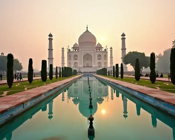 Taj Mahal, jedno z najsłynniejszych budowli świata, odbija się w spokojnej wodzie.