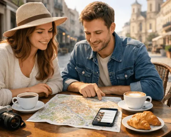 Para planuje weekendowy city break, studiując mapę i telefon przy kawie i croissantach.