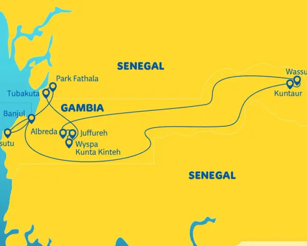 Mapa Gambii i Senegalu z zaznaczonymi atrakcjami turystycznymi i trasami podróży.