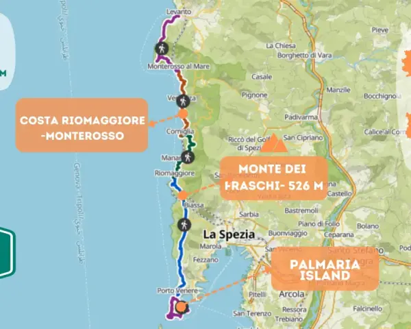Mapa szlaków pieszych w **parku narodowym Cinque Terre**, z zaznaczonymi miejscowościami i trasami.