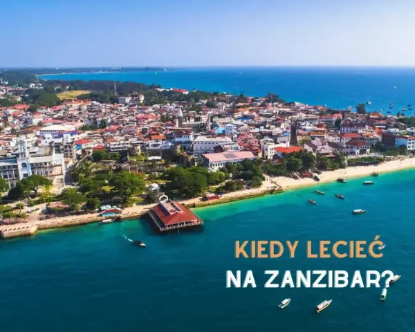 Widok z lotu ptaka na miasto Zanzibar z białymi budynkami, plażą i turkusowym morzem.