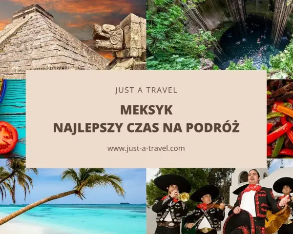 Kolaz z piramidą Majów, cenotem, jedzeniem, plażą i mariachi.