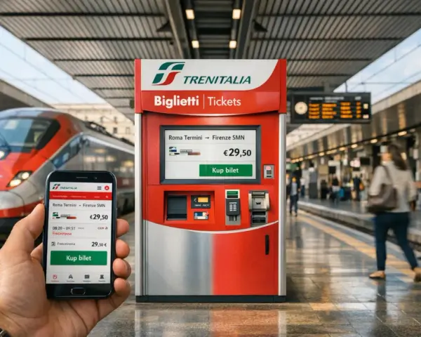 Ręka trzyma smartfon z aplikacją Trenitalia, obok biletomat na peronie. Szybkie pociągi we Włoszech czekają na pasażerów.