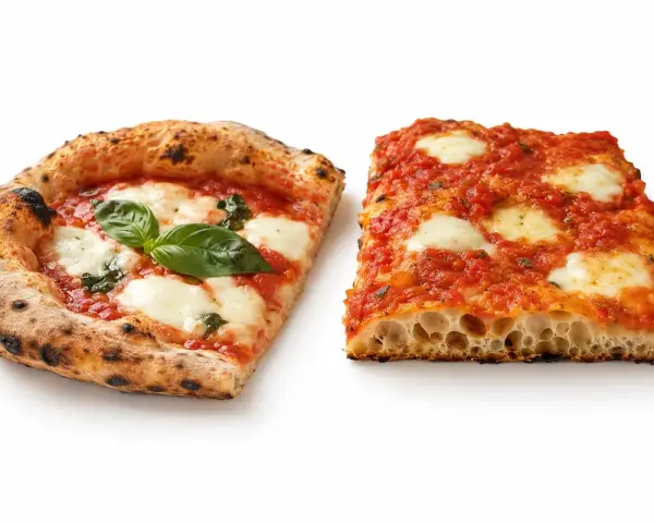 Dwie kromki pizzy: jedna okrągła z bazylią, druga prostokątna. Prawdziwy smak najlepszej pizzy w Rzymie.