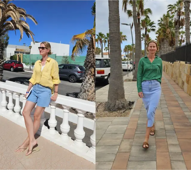 Fuerteventura luty pogoda: dwie kobiety w letnich strojach, jedna w żółtej koszuli i szortach, druga w zielonej bluzce i spódnicy, cieszą się słońcem i palmami.