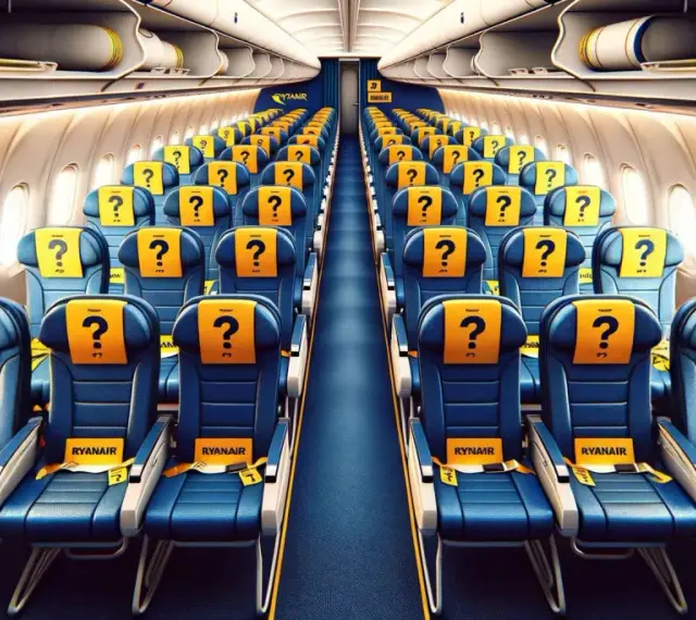 Puste siedzenia w samolocie Ryanair z pytajnikami. Gdzie najlepiej siedzieć w samolocie? Okna czy korytarz?