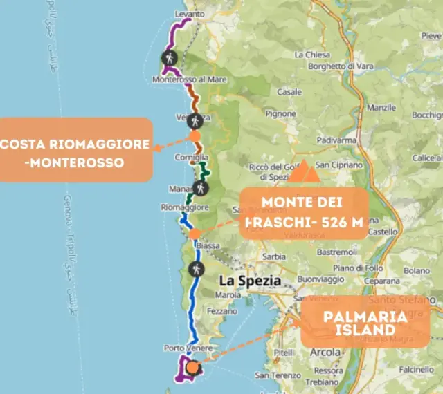 Mapa szlaków pieszych w **parku narodowym Cinque Terre**, z zaznaczonymi miejscowościami i trasami.