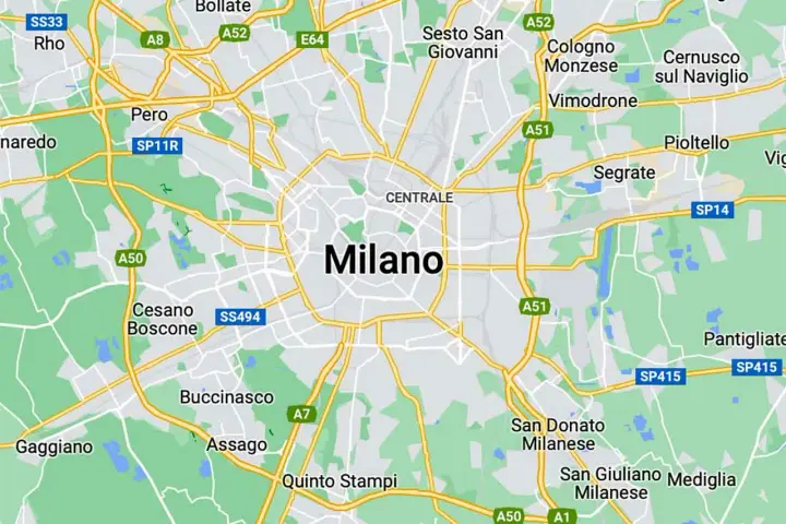 Mapa pokazuje, gdzie leży Mediolan, otoczony przez miasta takie jak Rho, Bollate, Sesto San Giovanni i Buccinasco.