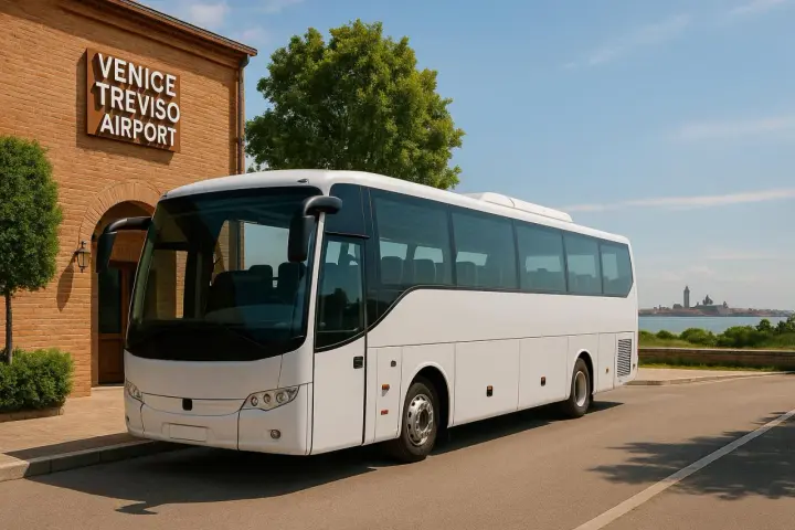 Biały autokar czeka na pasażerów przy budynku z napisem VENICE TREVISO AIRPORT. W tle widać panoramę Wenecji.