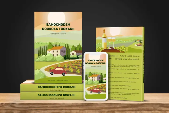 Ilustracja przedstawia stos książek i telefon z grafiką Toskanii, winnic i czerwonego samochodu.
