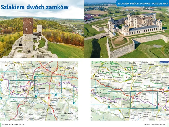 Dwa zamki na tle krajobrazu, z mapą szlaku poniżej.