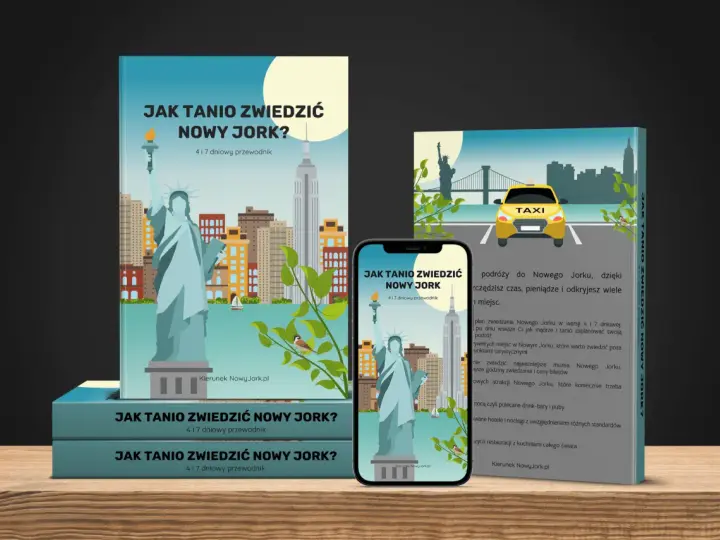 Przewodnik "Jak tanio zwiedzić Nowy Jork?" z ikonami Statuy Wolności i Empire State Building. Odkryj najlepsze atrakcje Nowego Jorku!
