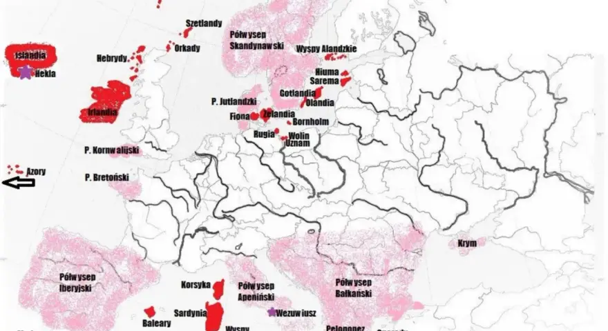Mapa Europy z zaznaczonymi obszarami aktywnych wulkanów w Europie, m.in. na Islandii, Sycylii i w Grecji.