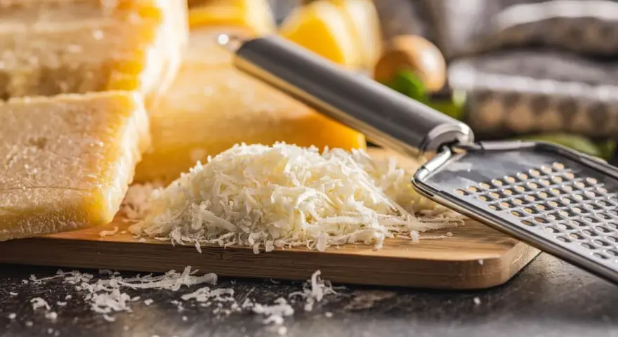Stos tartego parmezanu, znanego jako parmigiano reggiano, obok bloków sera i tarki.