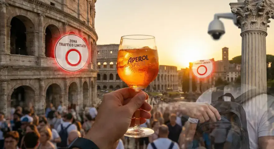 Koloseum, Aperol Spritz, znak ZTL i kamery monitoringu w Rzymie.