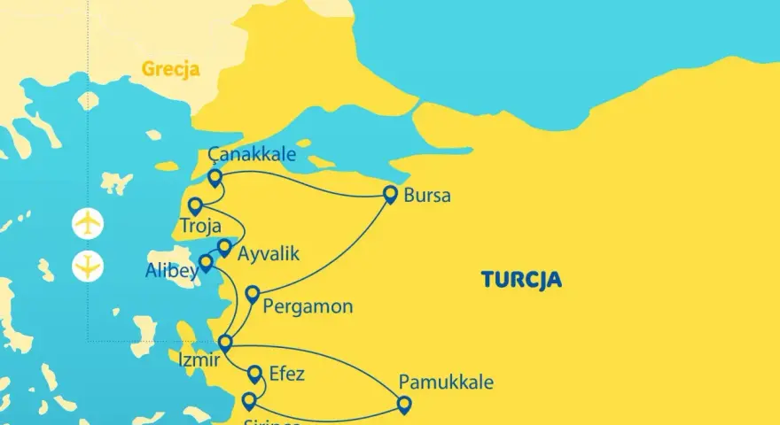 Mapa turystyczna pokazuje trasę po zachodniej Turcji, wzdłuż Morza Egejskiego. Odwiedzane miejsca to m.in. Troja, Pergamon, Efez, Pamukkale.