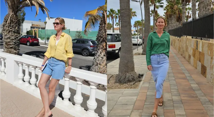 Fuerteventura luty pogoda: dwie kobiety w letnich strojach, jedna w żółtej koszuli i szortach, druga w zielonej bluzce i spódnicy, cieszą się słońcem i palmami.