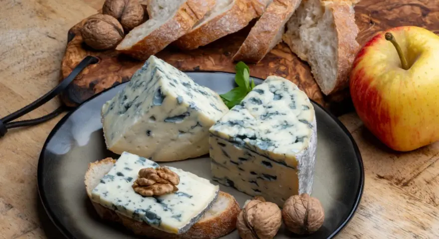 Kawałki sera gorgonzola z niebieską pleśnią, podane z chlebem, orzechami i jabłkiem. Idealne na przekąskę, która odpowie na pytanie: co to gorgonzola.