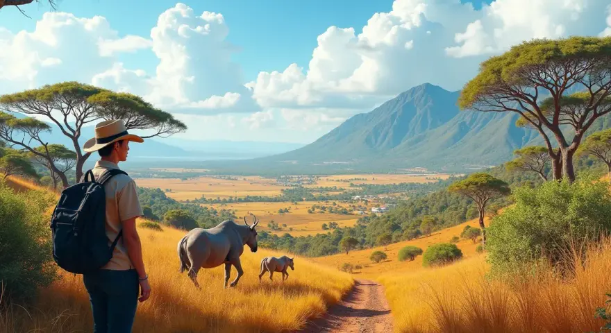 Turysta w kapeluszu i z plecakiem obserwuje antylopy na tle malowniczego krajobrazu Madagaskaru.