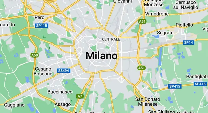 Mapa pokazuje, gdzie leży Mediolan, otoczony przez miasta takie jak Rho, Bollate, Sesto San Giovanni i Buccinasco.
