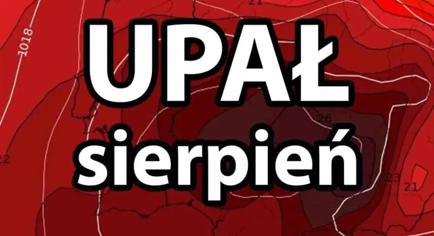Mapa synoptyczna z zaznaczonym upałem w Tunezji w sierpniu. Czerwone barwy wskazują wysokie temperatury.