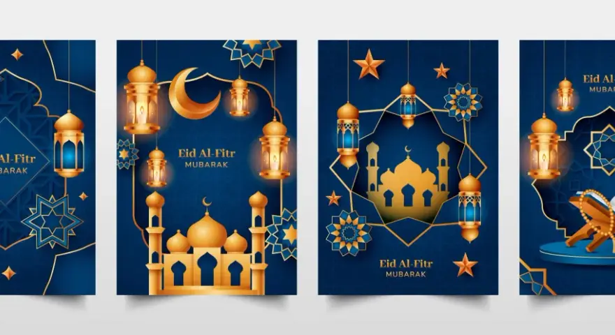 Ilustracje z motywami Id al-Fitr: złote latarnie, meczety, księżyc i Koran na granatowym tle.