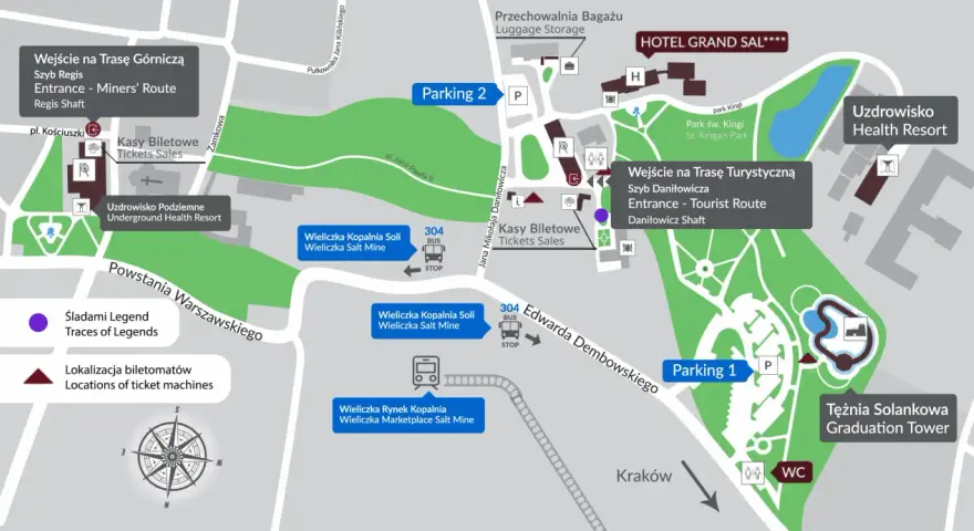 Mapa Wieliczki z zaznaczonymi wejściami do kopalni, parkingami, hotelami i atrakcjami.