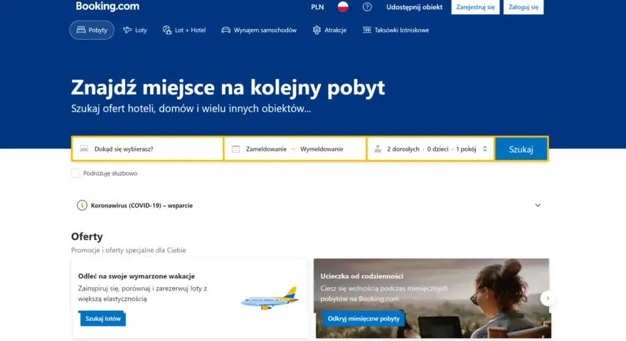 Strona główna Booking.com z polem wyszukiwania noclegów i ofertami podróży.