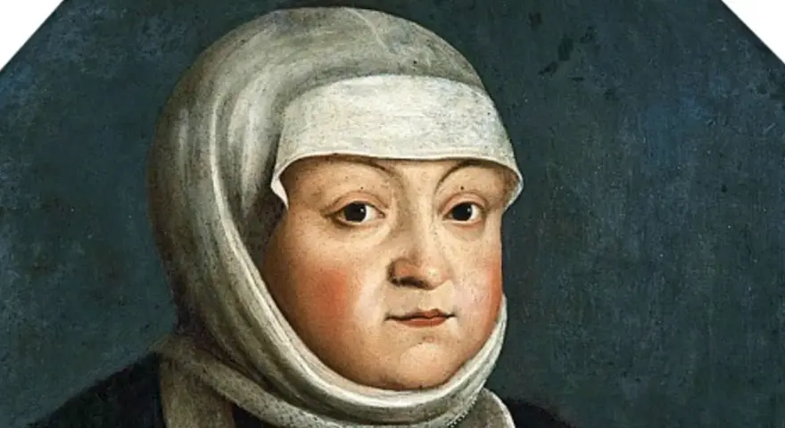 Portret Bony Sforzy w białym nakryciu głowy i ciemnym stroju na granatowym tle.