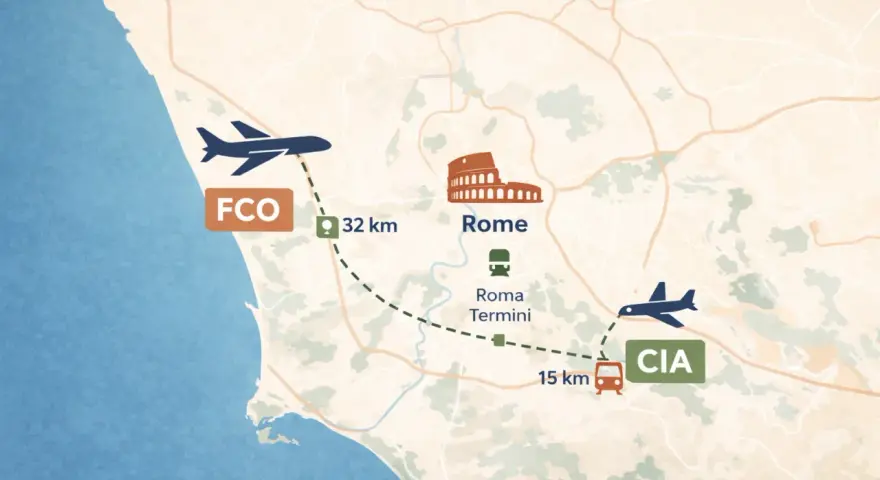 Mapa Rzymu: lotnisko Fiumicino (FCO) 32 km od centrum, lotnisko Ciampino (CIA) 15 km od dworca Roma Termini.