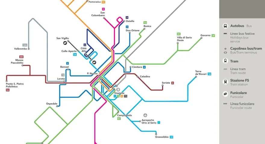 Mapa komunikacji miejskiej Bergamo: linie autobusowe, tramwajowe i kolejki.
