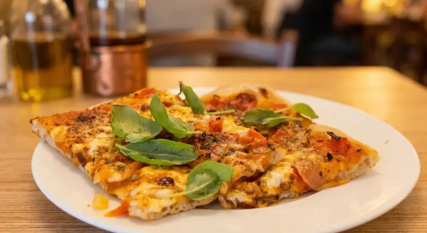 Pyszna pizza na talerzu, idealna odpowiedź na pytanie: gdzie zjeść w Rzymie. W tle butelki z oliwą i widok na restaurację.