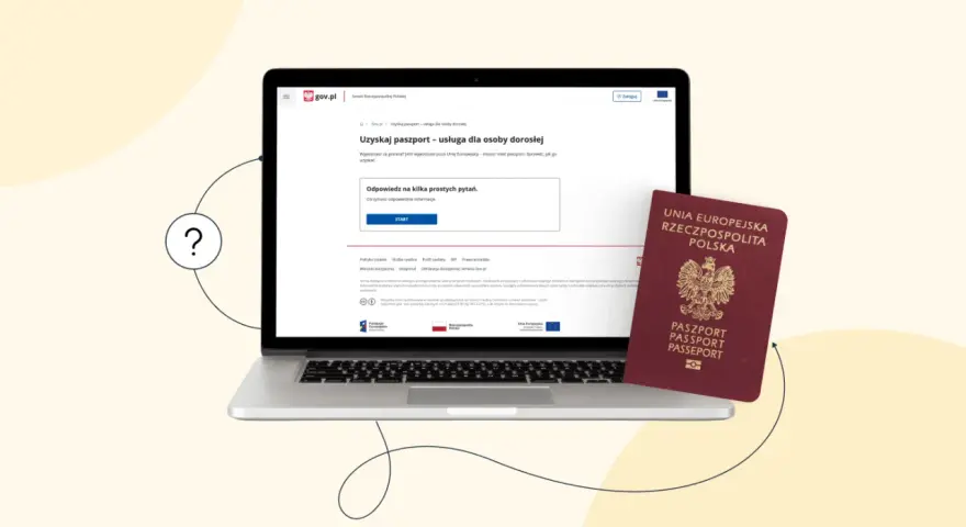Czy mozna wyrobic paszport online? Na laptopie widzimy stronę gov.pl z informacją o uzyskaniu paszportu. Obok leży polski paszport.